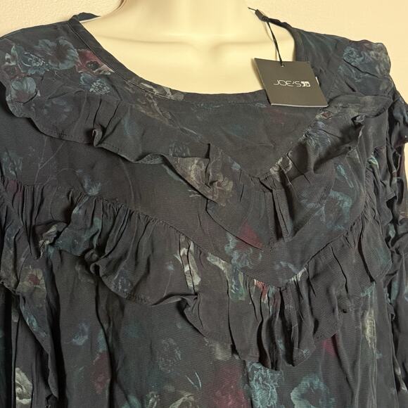 Joes Jeans Black Floral Talia Flowy Blouse, Large, NWT, Ruffles, Flared Hem - Picture 4 of 11